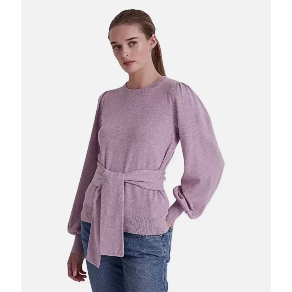 Lauren Ralph Lauren Women's XS Purple Puff Long Sleeve Belted Cotton Sweater Top - Picture 3 of 16